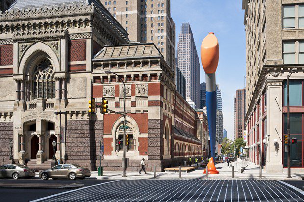 The Paint Torch, a sculpture by Claes Oldenburg, at Lenfest Plaza next to the Pennsylvania Academy of the Fine Arts in Philadelphia, Pennsylvania, USA. Photo by Kait Privitera for PHLCVB